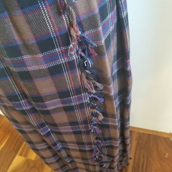 Vintage 90s Flannel Brown Plaid Maxi Skirt Set Vest Fringe Sm Top Medium Skirt - Picture 4 of 11